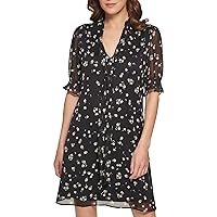 DKNY Women's Fit and Flare Short Sleeve Tie Neck Dress
