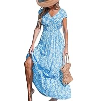 CUPSHE Women's Boho Paisley Maxi Dress V Neck Cap Sleeve Smocked Ruffled A Line Long Summer Dresses
