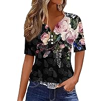 Tshirts Shirts for Women 2024 Summer Floral Print Pretty Fashion Casual with Short Sleeve Henry Collar Blouses