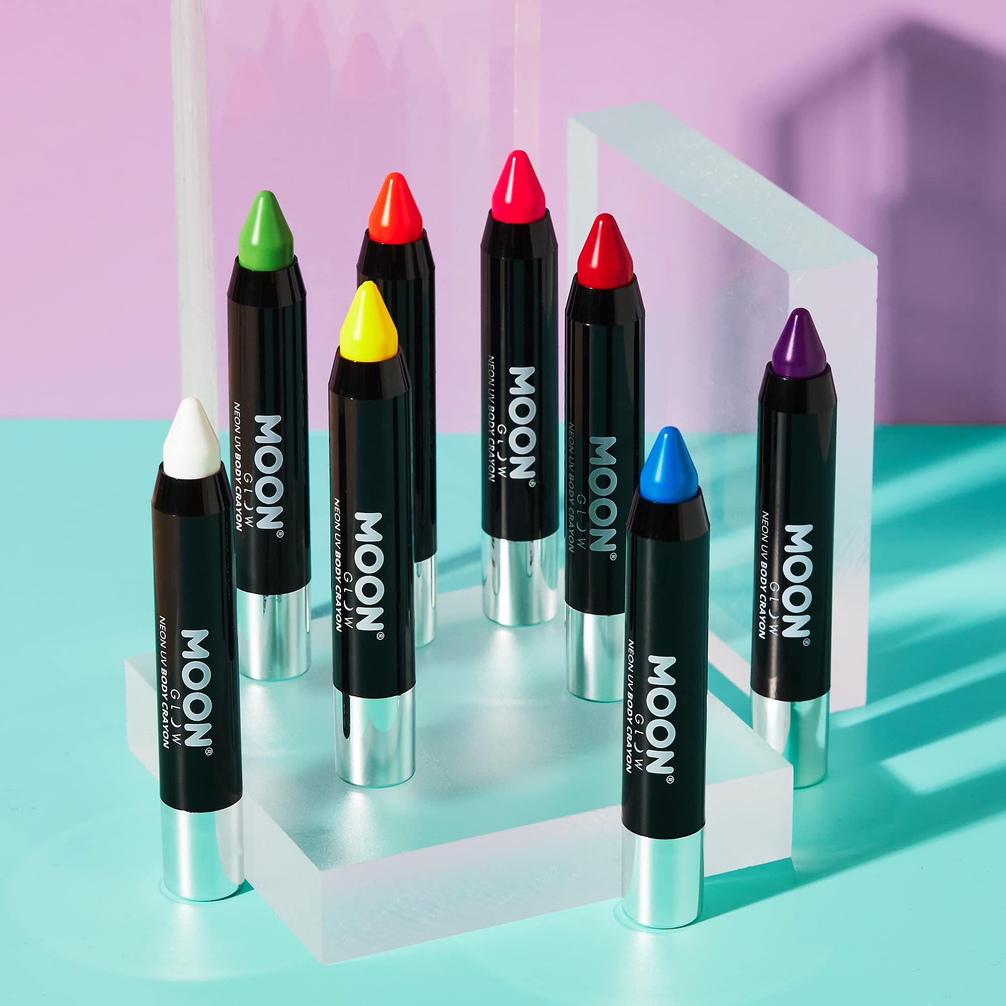 Moon Glow - Blacklight Neon Face Paint Stick/Body Crayon makeup for the Face & Body - Intense set of 8 colours - Glows brightly under blacklights