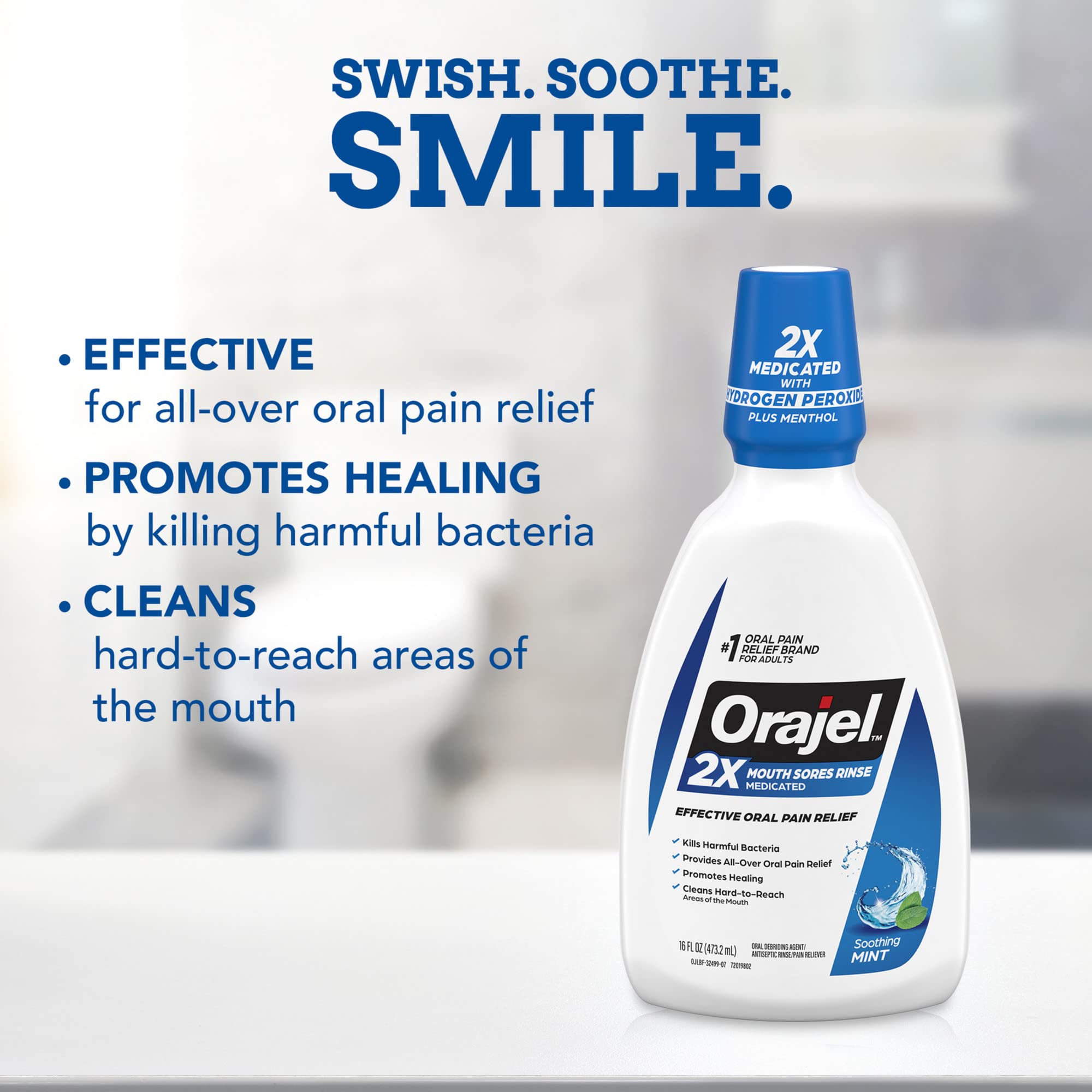 Orajel Nonseptic Mouth Sore Rinse 16oz, Soothing Mint Flavor, Provides Pain Relief, Promotes Healing, 3-Pack