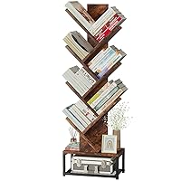 EasyCom Tree Bookshelf Metal Base, 7 Tier Bookcase Storage, Floor Standing Bookshelf Organizer for Movies/CDs/Books, Wood Book Storage Rack for Bedroom/Living Room/Home Office, Rustic Brown