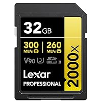 Lexar 32GB Professional 2000x SDHC Memory Card, UHS-II, C10, U3, V90, Full-HD & 8K Video, Up to 300MB/s Read, for DSLR, Cinema-Quality Video Cameras (LSD2000032G-BNNNU)