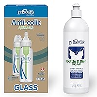 Dr. Brown's Natural Flow Anti-Colic Options+ Narrow Glass Baby Bottles, 8oz/250mL, with Level 1 Slow Flow Nipple, 2-Pack, 0m+ & Fragrance-Free Dish Soap, 16oz