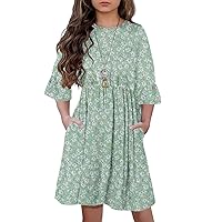 HOSIKA Girls Midi Dress Floral 3/4 Sleeve Ruffle A-line Swing Casual Dresses with Pockets for Kids 6-12 Years