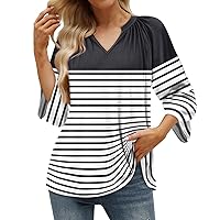 Striped Tshirt Women, Women's Casual 3/4 Sleeve T Shirt V Neck Pullover Top Blouses for Smocked Tops, S XXXL