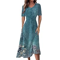 Dresses for Women Summer Trendy Swing Long Dress V Neck Floral Printed Waist Maxi Dress Flowy Short Sleeve Dress