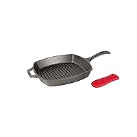 Lodge L8SGP3ASHH41B Cast Iron Square Grill Pan with Red Silicone Hot Handle Holder, Pre-Seasoned, 10.5-inch