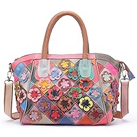 Women Handbags Genuine Leather Tote Bag 3D-Flower Shoulder Bag Multicolor Splice Totes Satchel Purse