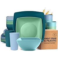 Teivio 32-piece Plastic Wheat Straw Square Dinnerware Set for 8, Unbreakable Dinner Plates, Salad Plates, Snack Bowls, Tumblers 20 oz, Dishwasher Safe, Sky Multicolor
