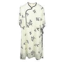 Women Dress Silk Floral Embroidery Mock Neck 3/4 Sleeve Thin Belt Beige Skirt 2828