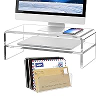 Clear Acrylic Monitor Stand Riser 2 Tier with 3 Sections Mail File Organizer
