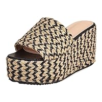 Women's Slide Sandals Slip On Rattan Grass Platform Comfortable Vintage Casual Wedge Shoes For Women