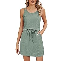 Hollow Out Dresses for Women Drawstring Tie Up Cover Up Sleeveless Spaghetti Strap Tanks&Camis Loose Fit with Pockets