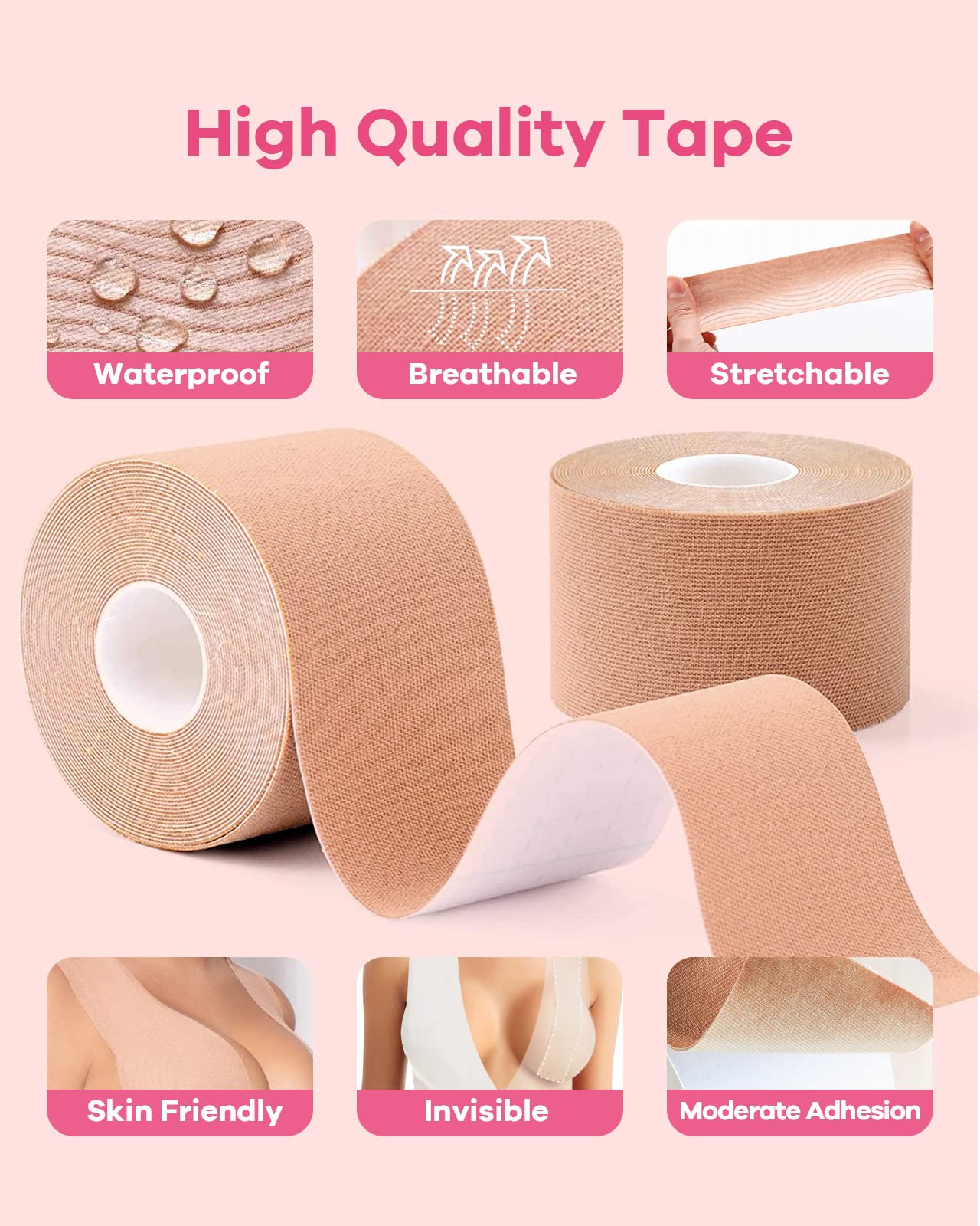 Boob Tape, Boobytape for Breast Lift, Bob Tape for Large Breast, Breathable Push Up Tape, Waterproof & Sweatproof Body Tape, Used Along with 1-Pair Reusable Silicone Covers