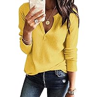 Women's V Neck Waffle Knit Henley Tops Casual Long Sleeve Pullover Sweater Blouses