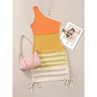 Summer Dresses for Women 2022 Colorblock Drawstring Side One Shoulder Bodycon Dress Dresses for Women (Color : Multicolor, Size : Small)