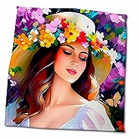 3dRose Captivating young woman in a straw hat and flower garland gift, charm - Towels (twl-379125)