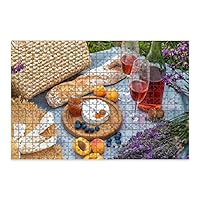1000 Pieces Puzzles Wooden Letter Area Design Wicker Basket Delicious Food for Romantic Picnic Lavender Field Wine Puzzle Gifts for Adults Children Family Jigsaw Puzzle Improve Concentration