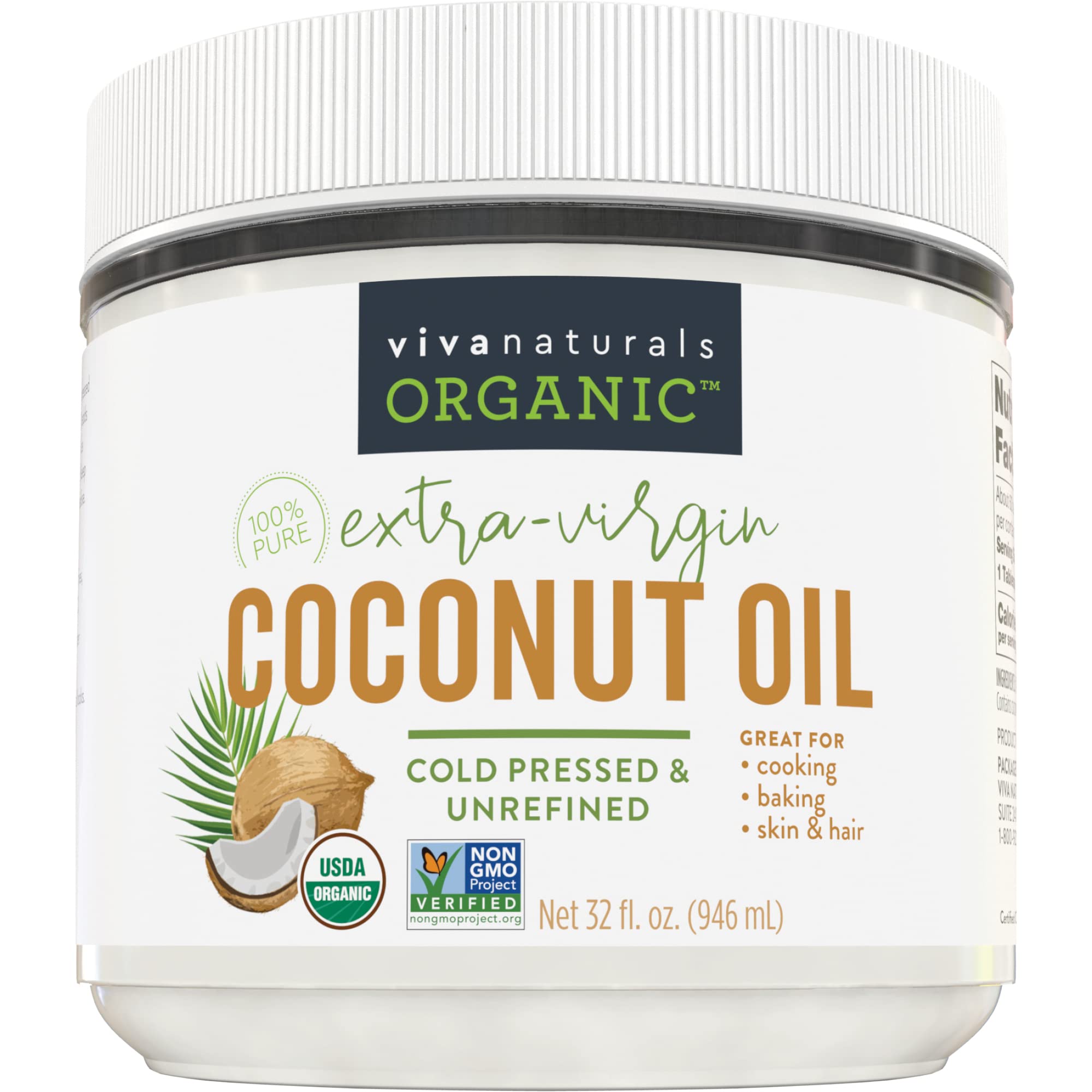 Organic Coconut Oil - Unrefined and Cold-Pressed, Natural Hair Oil, Skin Oil and Cooking Oil with Fresh Flavor, Non-GMO Extra Virgin Coconut Oil (Aceite de Coco), USDA Organic, 32 oz