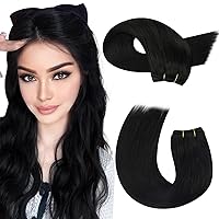 Moresoo Sew in Hair Extensions Real Human Hair Black Weft Hair Extensions Human Hair Jet Black Bundle 22Inch and 24Inch