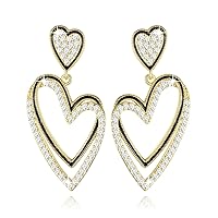 Heart Earrings Silver/Gold Plated 925 Sterling Silver Post Dangle Drop Double Heart-shaped Earrings Dangling Cubic Zirconia Jewelry Gift for Women