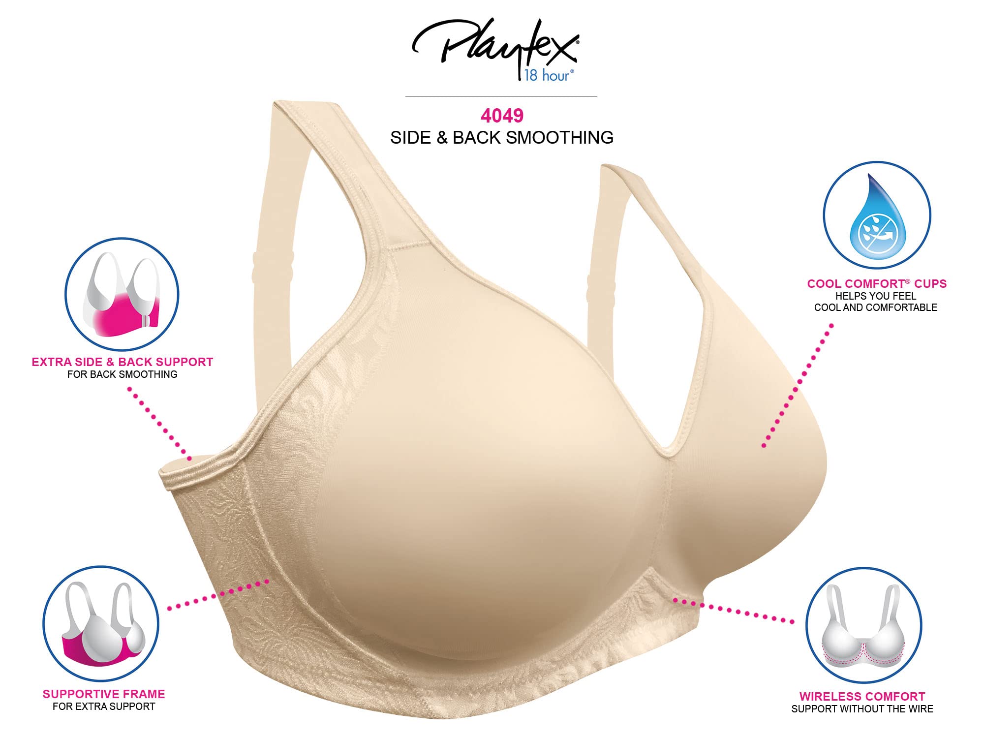Playtex Women's 18 Hour Seamless Smoothing Full Coverage Bra, Cool Comfort Wireless, Wire-Free, US4049