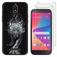 for BLU View 2 /B130DL Case with 2 Tempered Glass Screen Protectors, Wolf Pattern Design, Slim Shockproof Protective Soft Silicone Phone Case Cover for Girls Women Boys (Black)