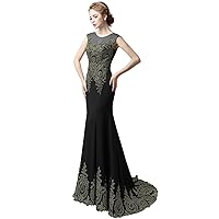 Women's Gold Appliques Mermaid Prom Dresses Formal Evening Ball Gown with Train