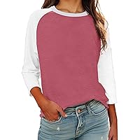 Women Casual T-Shirts 3/4 Sleeve Crewneck Patchwork Tops Comfy Color Block Cute Blouse
