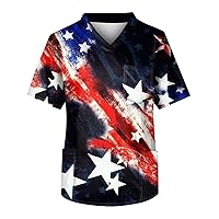 4Th of July Shirts for Men, Men's Short Sleeve V Neck Chest Pocket Carer Big and Tall Top Scrubs, S XXXXXL