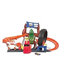 Hot Wheels Toy Car Track Set City Toxic Gorilla Slam Gas Station & Tire Repair Shop, Truck Launcher, 1:64 Scale Car