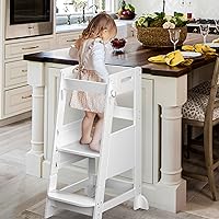 TOETOL Bamboo Toddler Kitchen Step Stool White Helper Standing Tower Height Adjustable with Anti-Slip Protection for Kids Kitchen Counter Learning