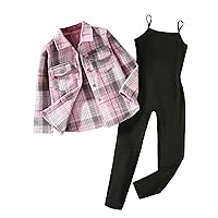 COZYEASE Girls' 2 Piece Outfits Plaid Print Button Down Shirt Blouse and Cami Jumpsuit Set Fall Outfits