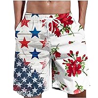 Men Independence Day Shorts Floral Patchwork Printed Beach Pants Pockets Elastic Waist Bootcut Drawstring Trousers