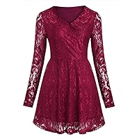 CHICTRY Women's Floral Lace Long Sleeve V Neck Mini Skater Skirt Cocktail Evening Swing Tunic Dress for Woman