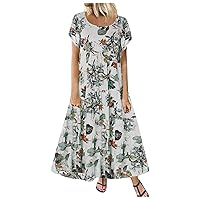 XJYIOEWT Cocktail Dress for Wedding Guest Spring,Printed Womens and Long Casual Maxi Boho Cotton Short Dress Sleeve Flor
