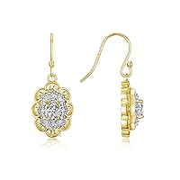 Yellow Gold Plated Silver Antique Style Floral Earrings - Oval Shape Gemstone & Diamonds - 6X4MM Birthstone Earrings - Timeless Color Stone Jewelry