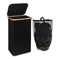 efluky Large Laundry Basket with Lid, 100L Tall Laundry Basket with Bamboo Handles for Clothes and Toys, Freestanding Collapsible Laundry Hamper with Inner Bag for Bedroom and Bathroom, Black
