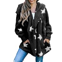 Womens Star Print Open Front Hooded Long Sleeve Cardigan Coats Slouchy Solid Fuzzy Fleece Outwear with Pockets