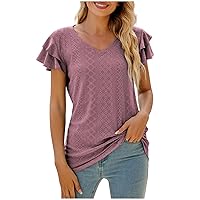 Women Peplum Sleeve Tops Flattering Summer Tshirt Sexy Casual Embroidery Eyelet Blouses Trendy Cute Vacation Tee