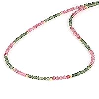 Faceted Round Nephrite Jade And Strawberry Quartz Gemstone (2-2.5mm) Beads Necklace For Women With 925 Silver Yellow Gold Plating lock (45cm)