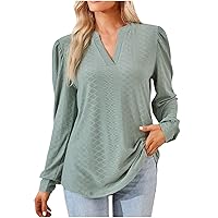 Jacquard V-Neck Shirts for Women Long Sleeve Dressy Tops Fashion Puff Sleeve Plain Fitted Casual Blouses for Office