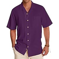 Alimens & Gentle Mens Linen Shirts Short Sleeve Button Down Shirts Cuban Guayabera Shirts Summer Casual Cotton Beach Tops Imperial Purple X-Large