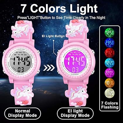 Venhoo Kids Watches 3D Cartoon Waterproof 7 Color Lights Toddler Wrist Digital Watch with Alarm Stopwatch for 3-10 Year Girls Little Child