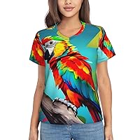 Parrots On Tree Women's T-Shirts Collection,Classic V-Neck, Flowy Tops and Blouses, Short Sleeve Summer Shirts,Most Women