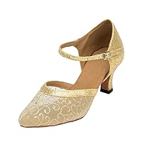 Minishion Women's TH132 Floral Low Heel Glitter Mesh Wedding Ballroom Latin Taogo Dance Pumps Shoes