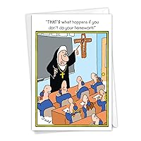NobleWorks - 1 Happy Graduation Card Funny - Cartoon Card for Graduate, School or College, Humor Notecard with Envelope - Homework 3749