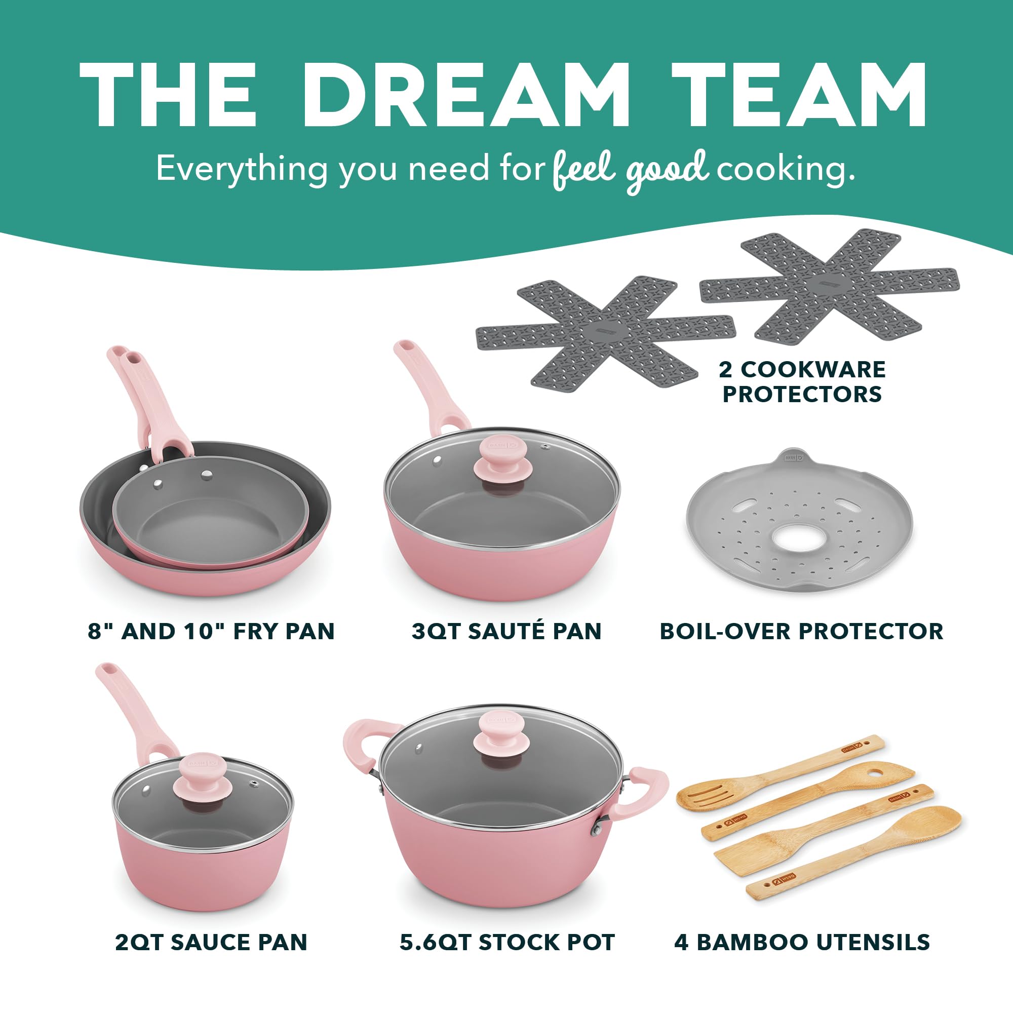 DASH Dream Green Ceramic Recycled Aluminum 15 Piece Cookware Set- Pink