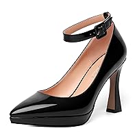 Womens Buckle Formal Ankle Strap Pointed Toe Patent Business Spool High Heel Pumps Shoes 4 Inch